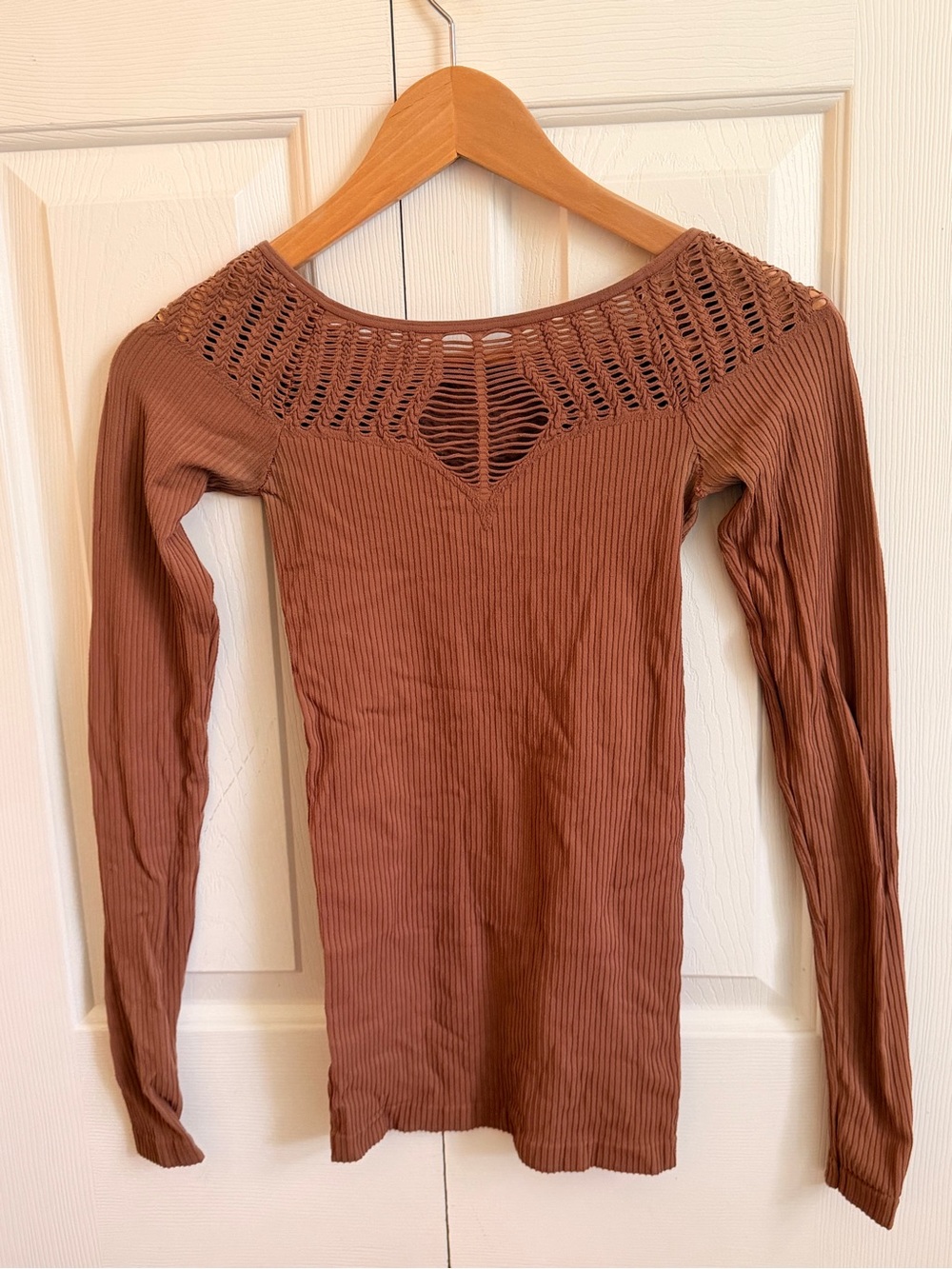 Free People Ribbed Long-Sleeve Top with Crochet Yoke — Mauve